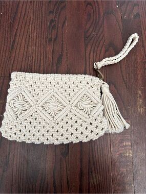 Cream Macramé Wristlet Clutch with Tassel